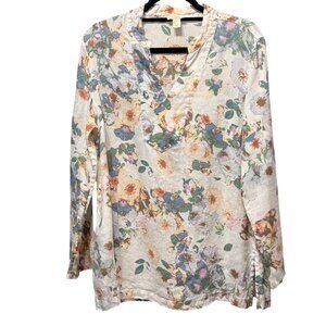 St. Tropez West  size L100% linen floral v neck split hem long sleeve  blouse